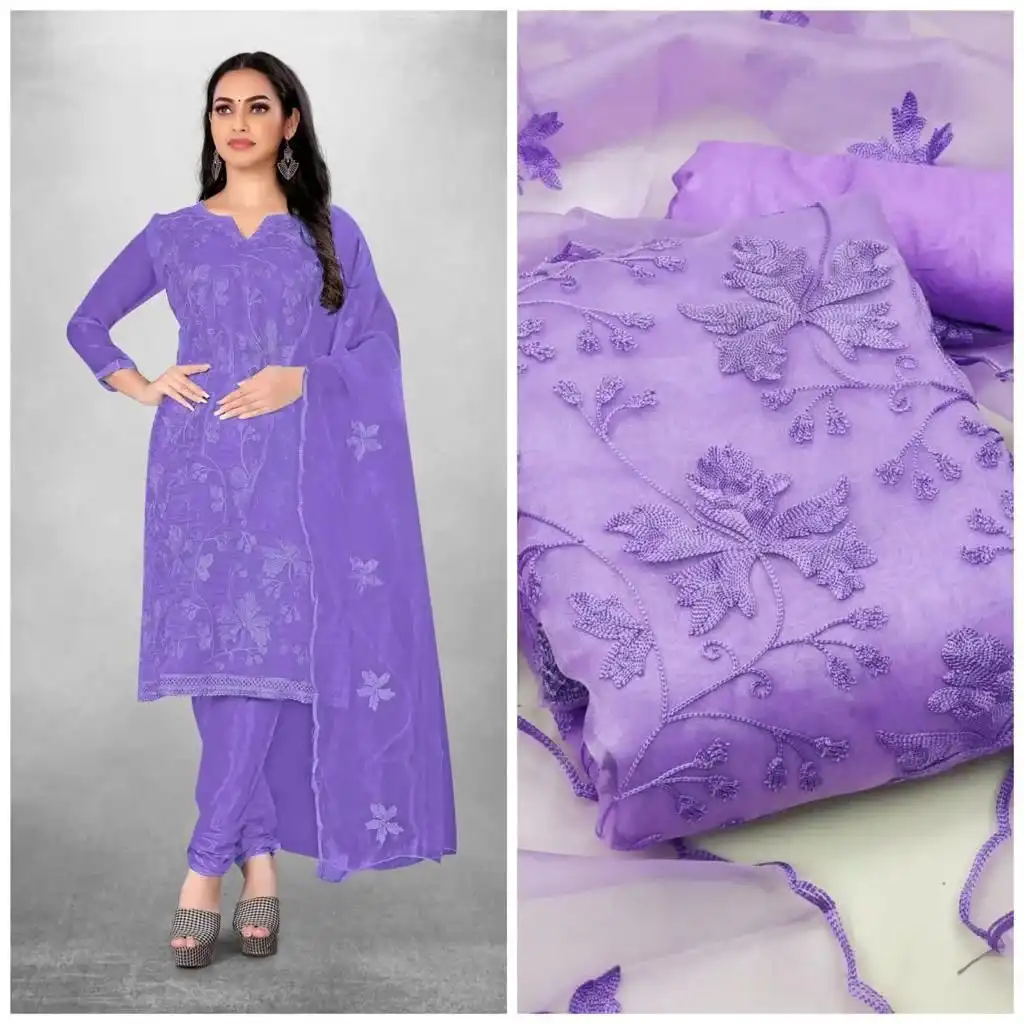 Indian Unstitched Organza Tissu Shalwar Kamiz Four Piece Party Dress For Women (4 Piece) - 3 Pice Dress