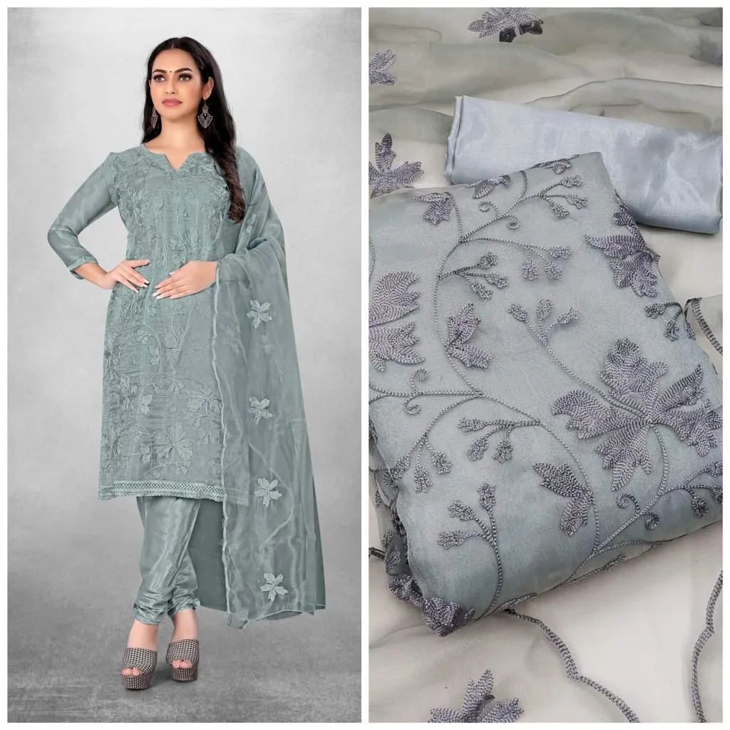Indian Unstitched Organza Tissu Shalwar Kamiz Four Piece Party Dress For Women (4 Piece) - 3 Pice Dress