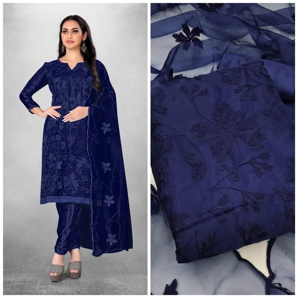 Indian Unstitched Organza Tissu Shalwar Kamiz Four Piece Party Dress For Women (4 Piece) - 3 Pice Dress