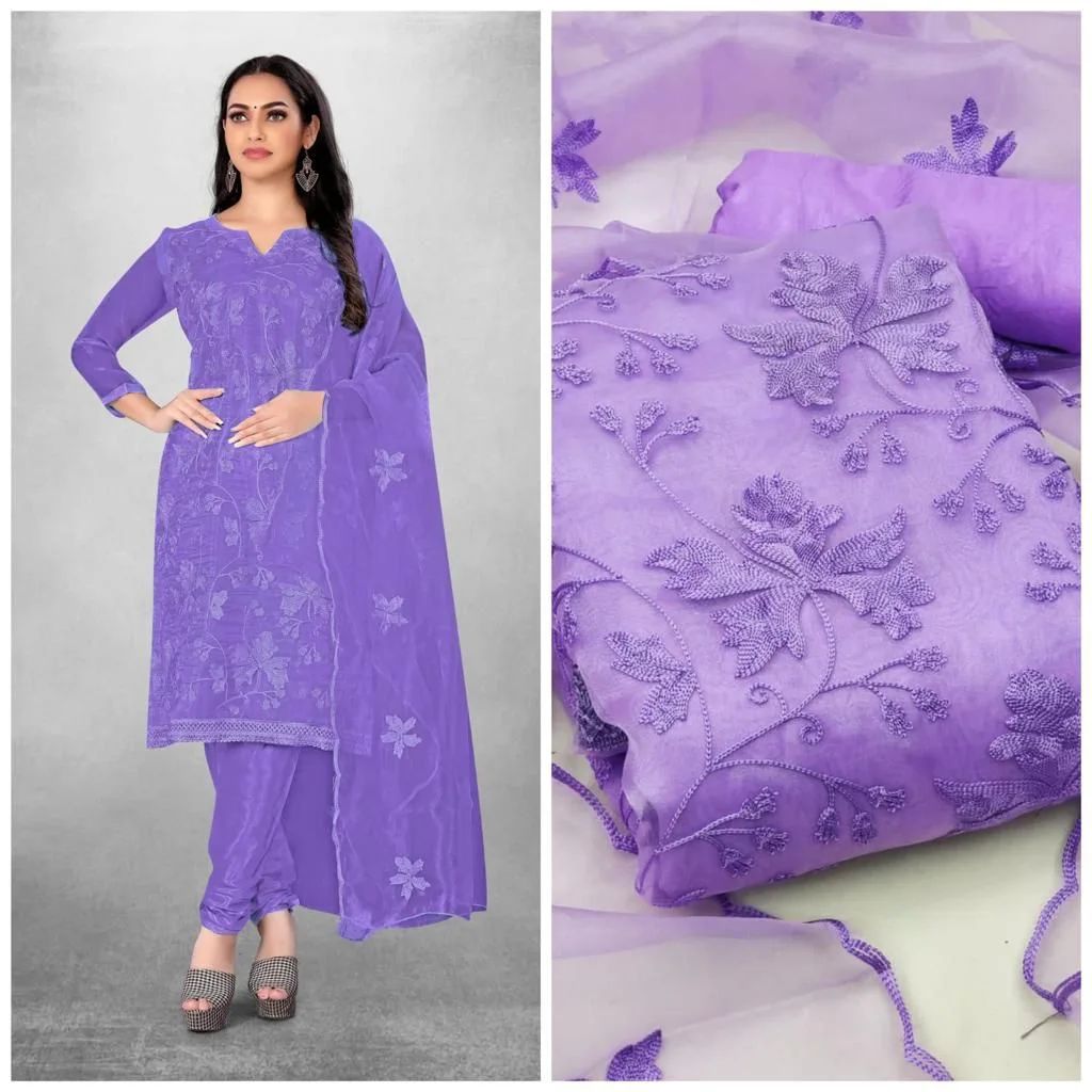 Indian Unstitched Organza Tissu Shalwar Kamiz Four Piece Party Dress For Women (4 Piece) - 3 Pice Dress