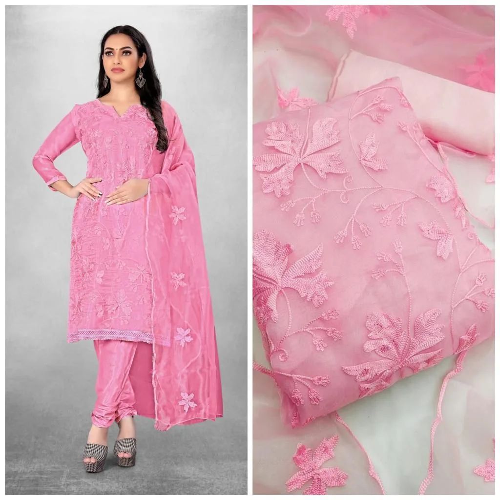 Indian Unstitched Organza Tissu Shalwar Kamiz Four Piece Party Dress For Women (4 Piece) - 3 Pice Dress