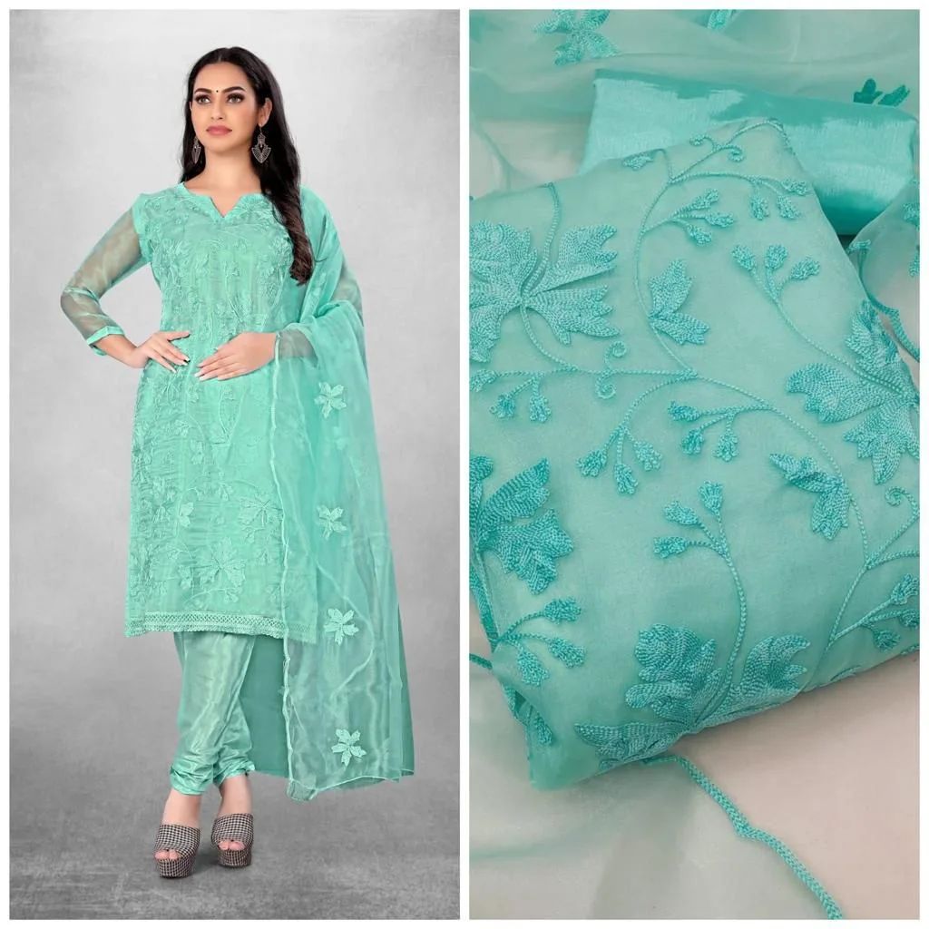 Indian Unstitched Organza Tissu Shalwar Kamiz Four Piece Party Dress For Women (4 Piece) - 3 Pice Dress