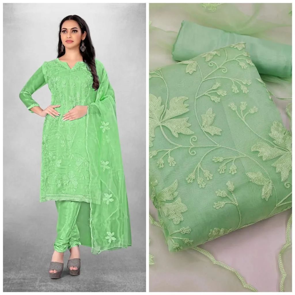 Indian Unstitched Organza Tissu Shalwar Kamiz Four Piece Party Dress For Women (4 Piece) - 3 Pice Dress