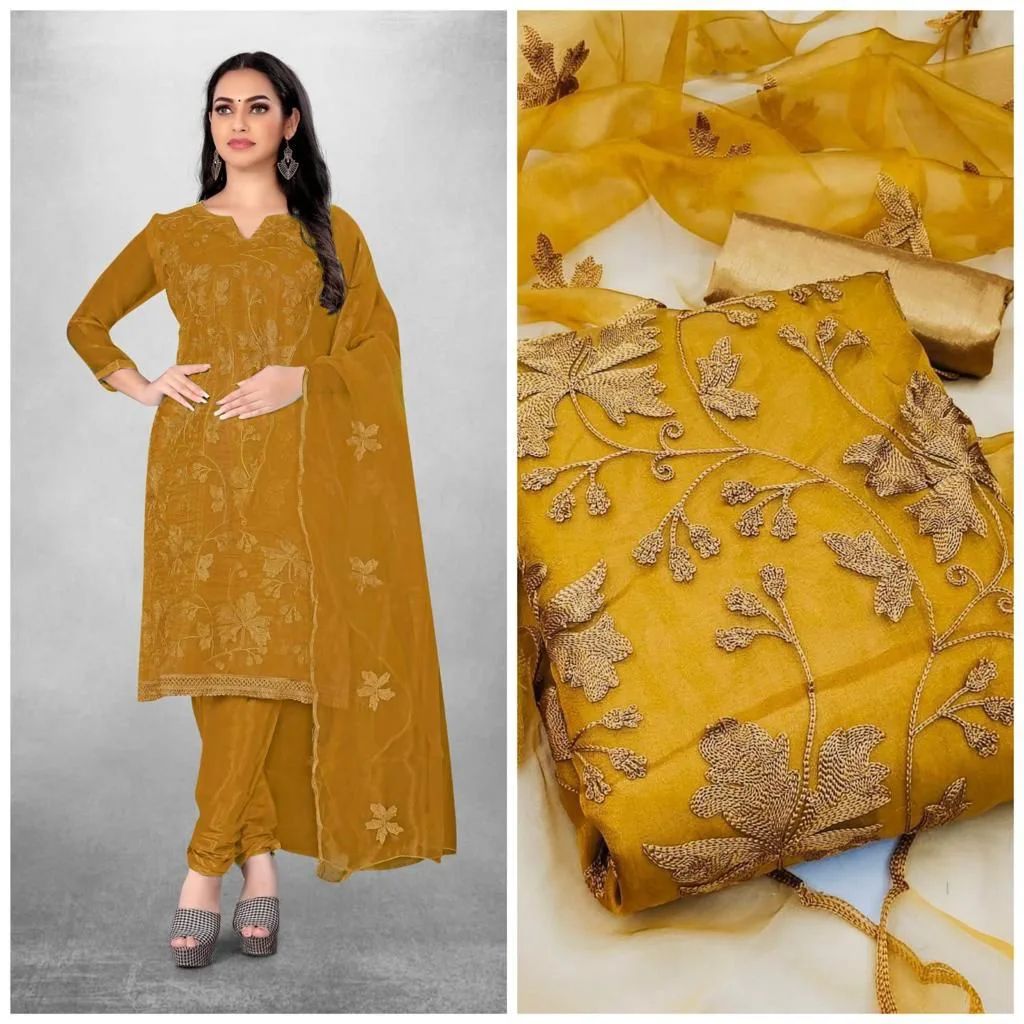 Indian Unstitched Organza Tissu Shalwar Kamiz Four Piece Party Dress For Women (4 Piece) - 3 Pice Dress