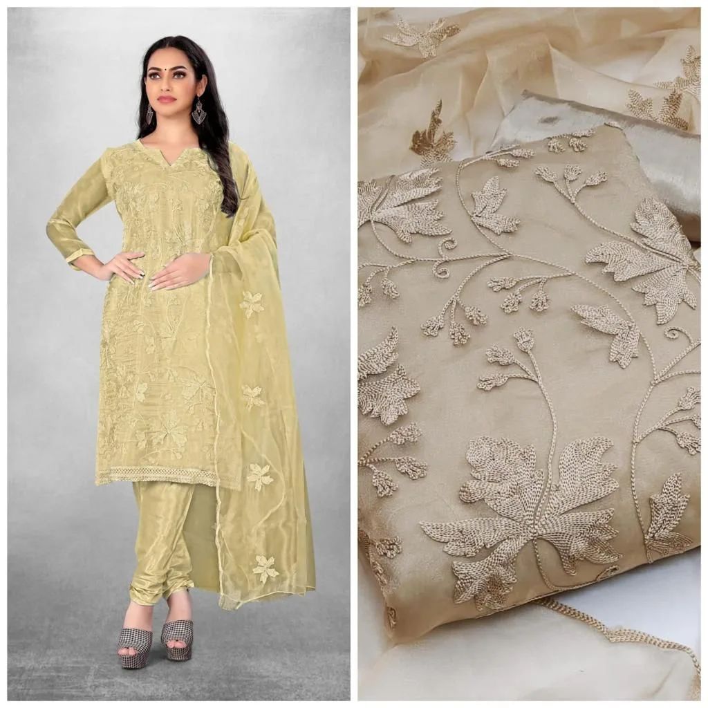 Indian Unstitched Organza Tissu Shalwar Kamiz Four Piece Party Dress For Women (4 Piece) - 3 Pice Dress