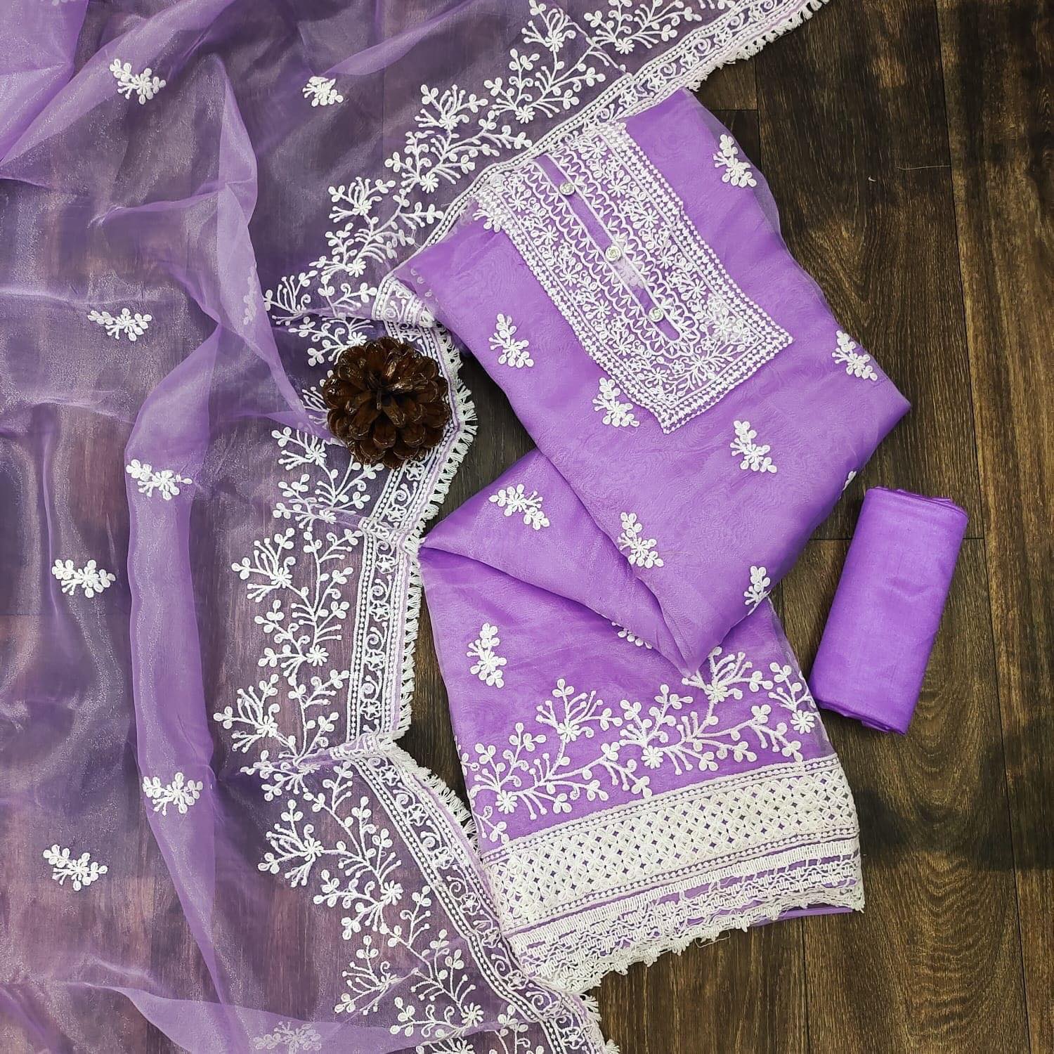 Indian Unstitched Organza Tissu Shalwar Kamiz Four Piece Party Dress For Women (4 Piece) - 3 Pice Dress