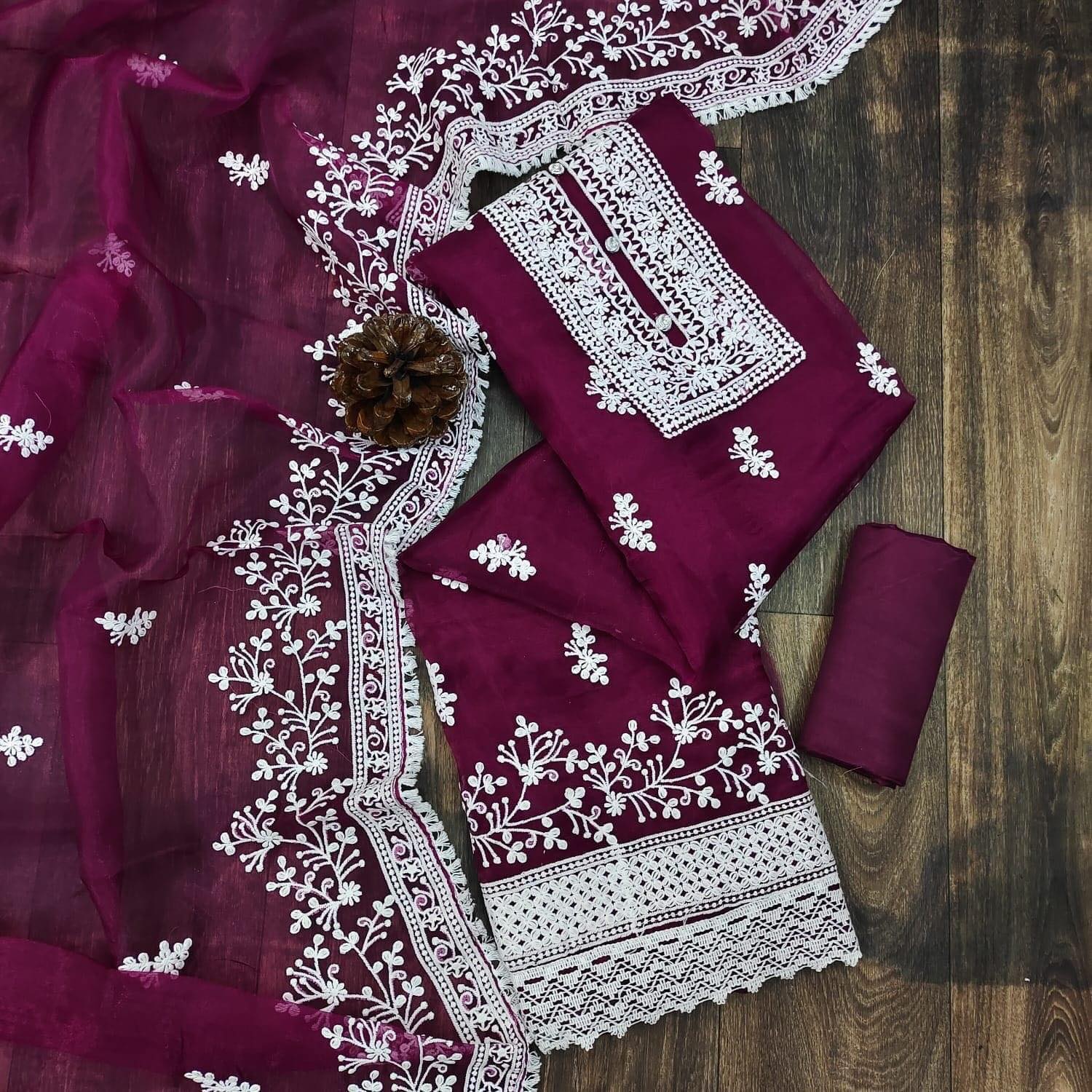 Indian Unstitched Organza Tissu Shalwar Kamiz Four Piece Party Dress For Women (4 Piece) - 3 Pice Dress