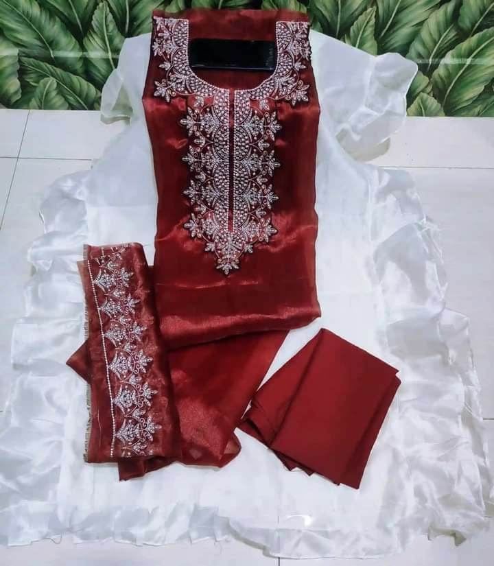 Indian Unstitched Organza Tissu Shalwar Kamiz Four Piece Party Dress For Women (4 Piece) - 3 Pice Dress