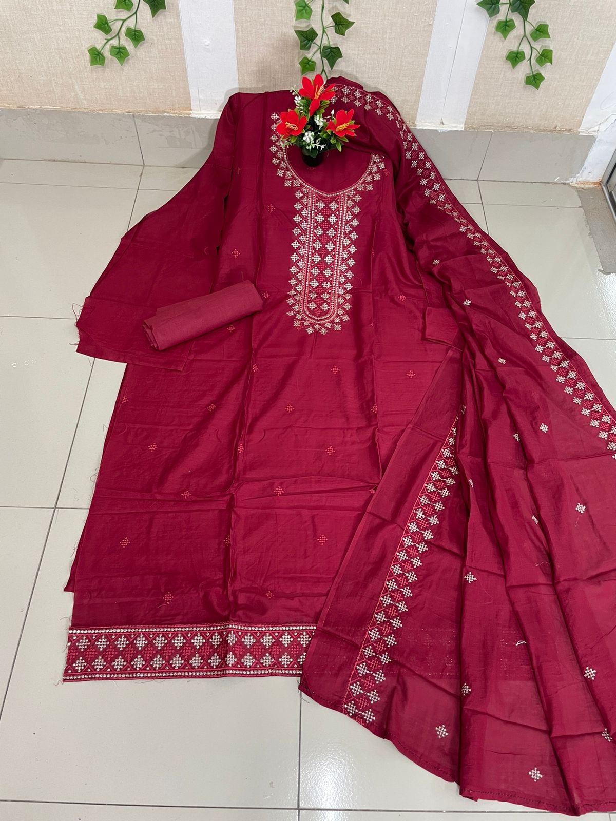 AC Cotton Embroidery Shalwar Kameez For Women (Three piece)