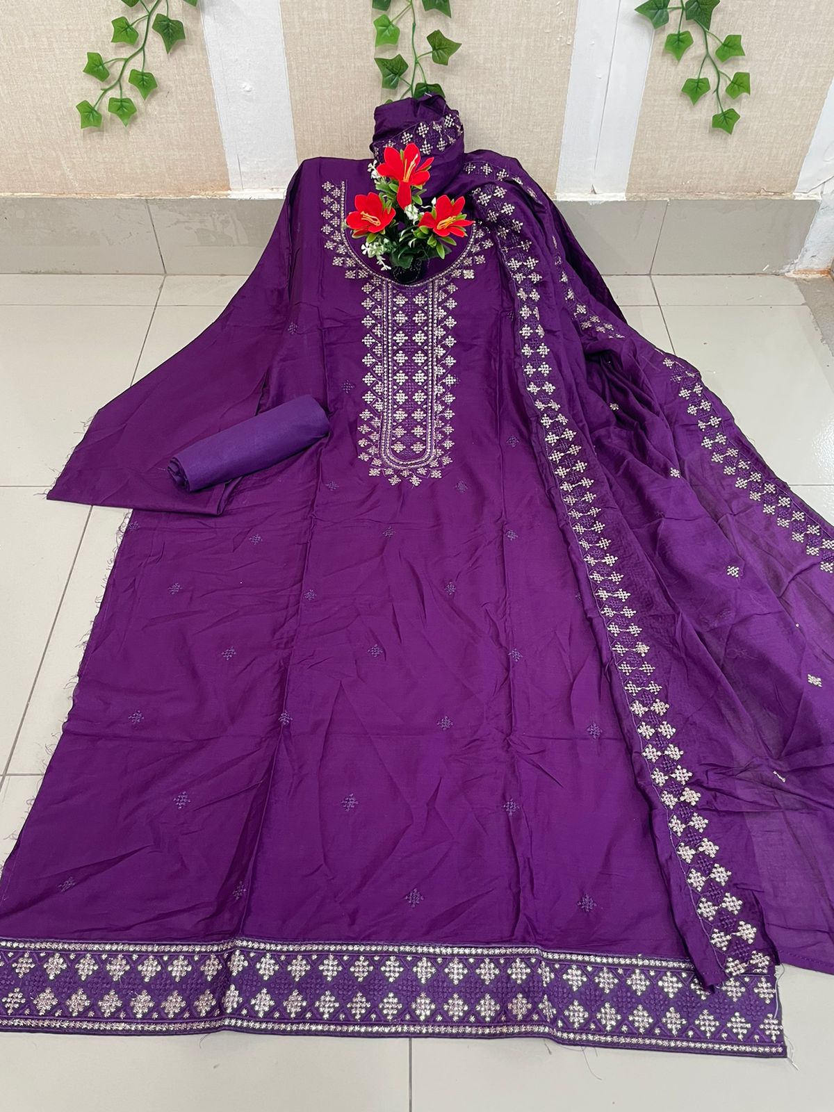 AC Cotton Embroidery Shalwar Kameez For Women (Three piece)