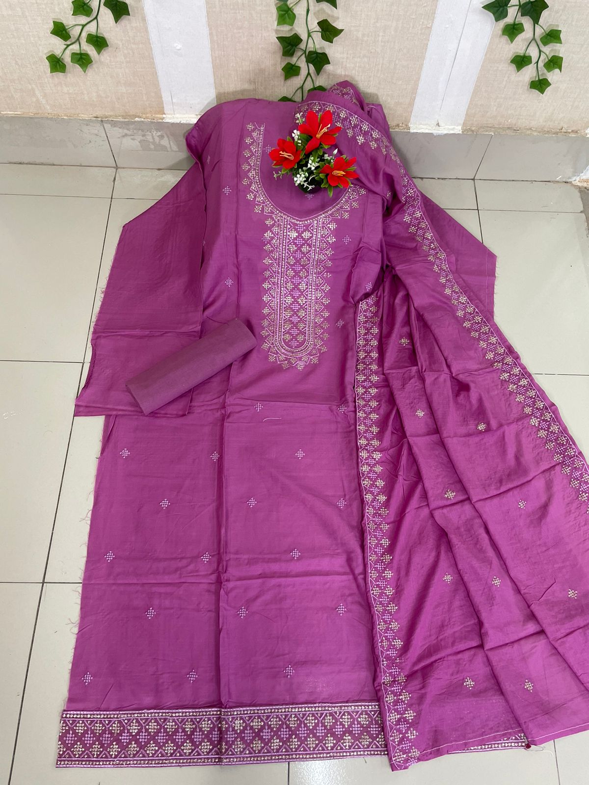 AC Cotton Embroidery Shalwar Kameez For Women (Three piece)