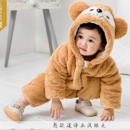 Hot Sale baby fluffy rompers hooded Kids Jumpsuits bear hat baby clothes fleece supper warm winter baby rompers